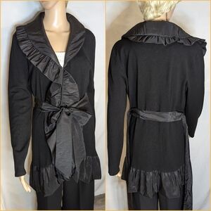 Ravel knit belted ruffled sweater jacket coat black sz M rayon nylon
